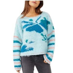 Free people Lily pullover sweater wool blend mosaic sky woman’s size medium NWT